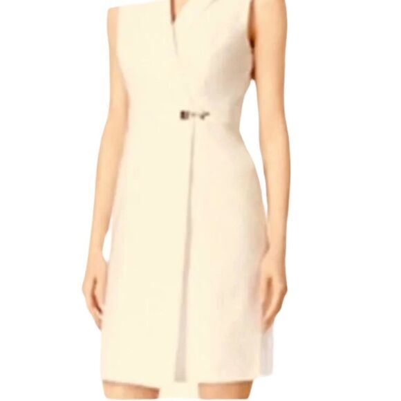 Calvin Klein ~ Ivory Sleeveless Dress ~ Vneck ~ gold clasp detail ~ fully lined - Picture 1 of 13